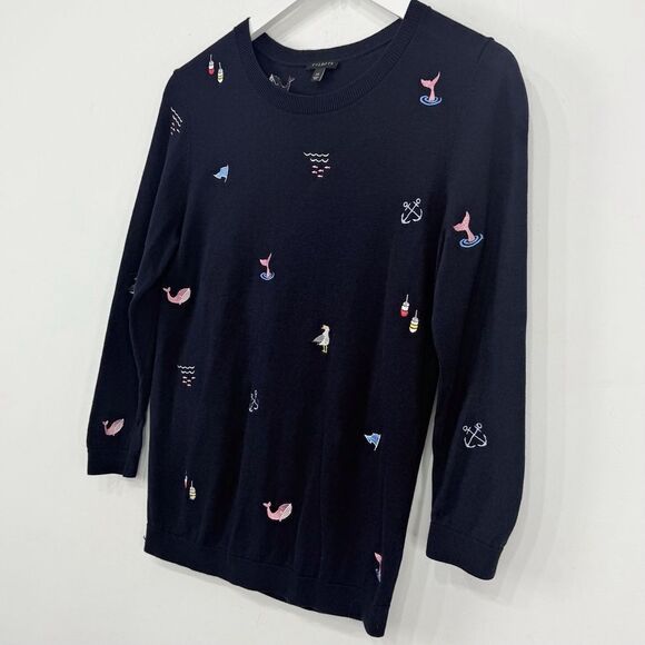 Talbots Nautical Embroidered Theme Navy Blue Long Sleeve Crew Knit Sweater - Picture 6 of 12